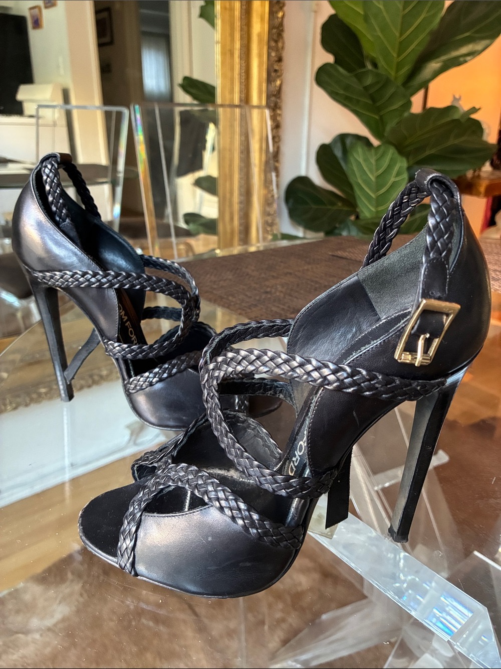 Tom Ford Black leather Braided High Heel Sandals size 38